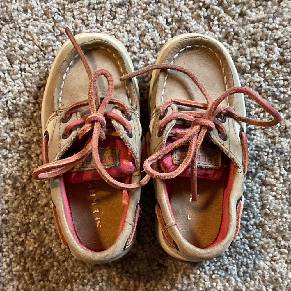 Sperry Tan and Pink Moccasins with Nautical Design
